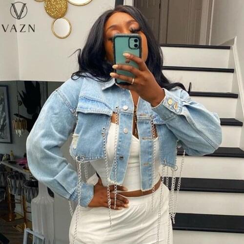 VAZN 2021 Hot High-end Plus Size Special Open Sexy Club Tassel Top Solid Young Hollow out Women Slim Sort Denim Coats