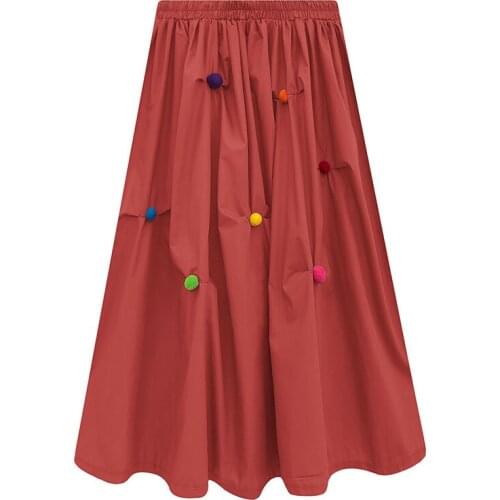 PERHAPS U Brick Red Green Solid A-line Ruched Hairball Empire Puff Midi Skirt Casual Summer S0243