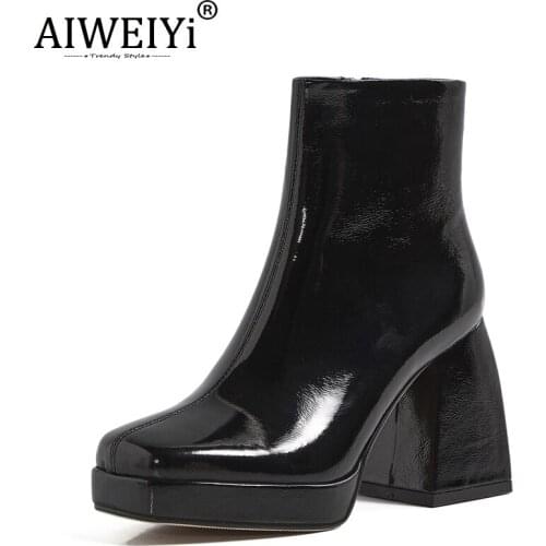 AIWEIYi Winter Boots For Women Patent Leather Platform Motorcycle Ankle Boots Genuine Leather Thick High Martin Boots Lady Shoes