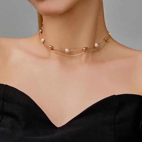 Korean fashion pearl Bead Choker Necklace for Women Girls Double Layer Gold neck Chain Collar Choker Trendy 2021 collier Jewelry