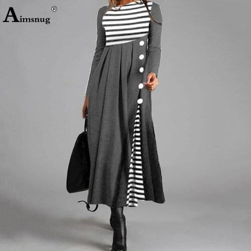 Plus Size Women Elegant Long Maxi Dress Vintage 2021 Spring Autumn Patchwork Stripe Button Dresses Vestido Robe Femme Clothing