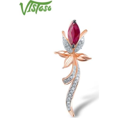 VISTOSO Gold Pendants For Women Authentic 14K 585 Rose Gold Luminous Ruby Exquisite Bow-Knot Chic Necklace Pendant Fine Jewelry