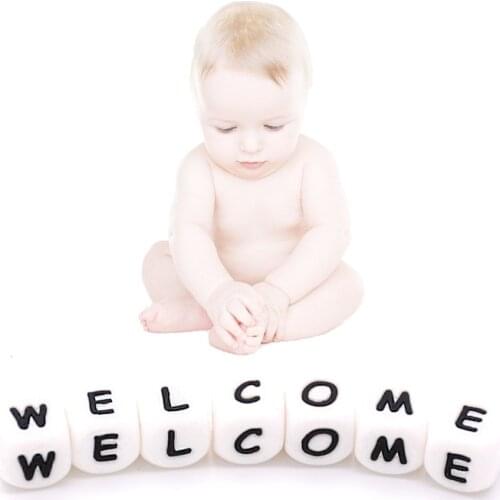 10pcs Beads Letter 12mm Silicone Baby Teether Beads In sert Name on Pacifier Chain Clips DIY Chewing Alphabet Beads Baby Toy