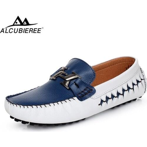 ALCUBIEREE Brand Luxury Buckle Driving Shoes Mens Casual Slip-on Loafers Men Genuine Leather Moccasins Shark Mouth Design Shoes