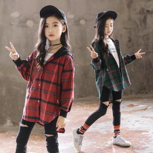 Hot 2020 Children Blouse Girl Cotton Green/Red Plaid Shirts for Teenagers Spring Autumn Fashion Hooded Cardigan Jacket 3-14Yrs