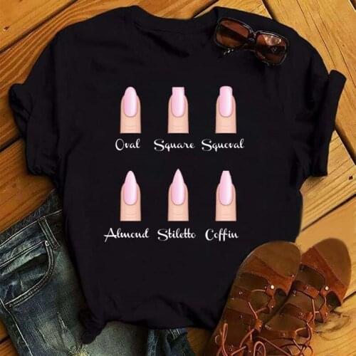 FIXSYS Casual Short Sleeves T Shirt Women Summer Pink Nail Art Make Up 90s Ladies Black T-shirts Womens Graphic Female Tee