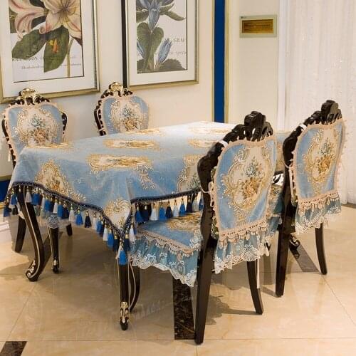 Blue Silk Jacquard Embroidered Lace Tablecloth Non-slip Chair Cover Wedding Party Table Cover Advanced European Brussels Decor