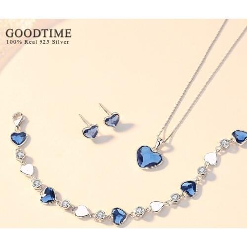 Luxury Woman Crystal Jewelry Set Pure 925 Sterling Silver Heart Necklace Earrings Bracelet Gift For Bride Girl Wedding Party