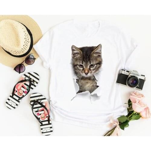 Cat ripped paper pattern Fashion shirt Fashion Plus Size Women Harajuku Short Sleeve Mama Top Tees O Neck Cotton Mother Casual