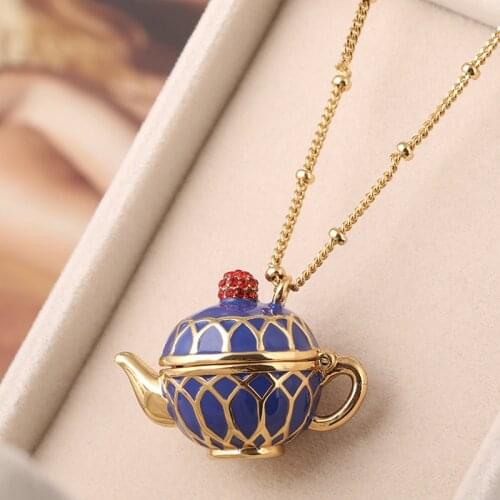 Trendy Copper Material Kettle Design Blue Enamel Red Rhinesone Decoration Pendant Necklace Ancient China Antiques Women Jewelry