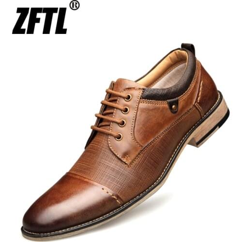 ZFTL New Man Dress shoes Big size Cow Leather Mens Business shoes Lace-up Men formal shoes fashion male Handmade shoes Brown 01