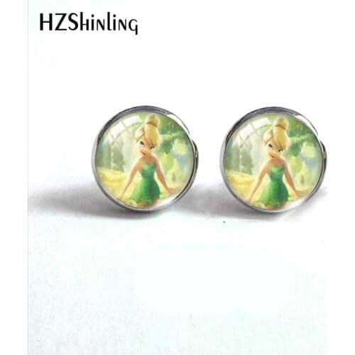 2021 New Fashion Kawaii Tinkerbell Little Green Fairy Elves Glass Dome Round Stud Earrings Handcraft Stainless Steel Earrings