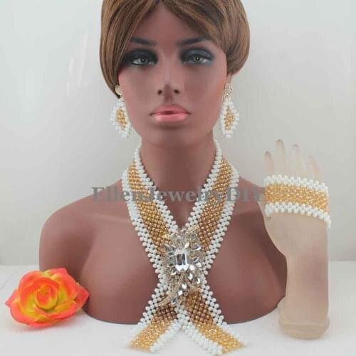 New Champagne Indian and White Crystal Beaded Necktie Necklace Set African Jewelry Sets for Brides Ceremony Free ShippingW13824