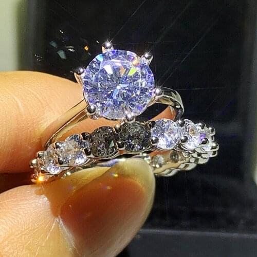 Size 5-10 Large Diamond Couple Rings Luxury Jewelry Real 925 Sterling Silver Round Cut White Topaz CZ Diamond Women Bridal Ring