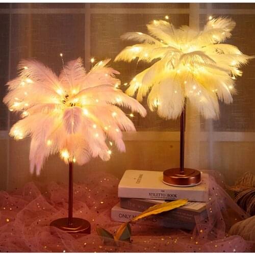 Feather Table Lamp USB Rechargerable Tree Shape LED Lights Party Decorative Flashing Lamp Night Light Lamps For Bedroom