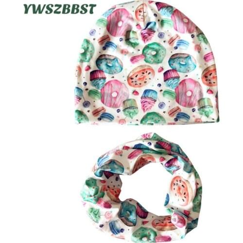 Donuts Flowers Print Baby Hats Cotton Girls Hat Scarf Spring Baby Boys Cap Warm Autumn Winter Scarf for Baby Toddler Beanies