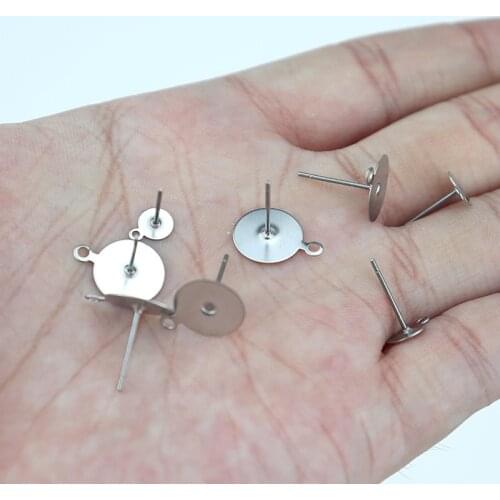 100Pcs/lot Surgical Stainless Steel Blank Stud Earring Posts with 5 6 8 10mm Glue Pads and Loop for DIY Jewelry Making Supplier