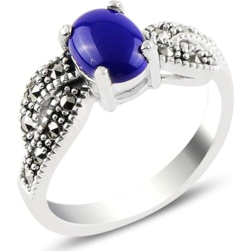 Silver 925 Sterling Lapis Lazuli & Marcasite Ring