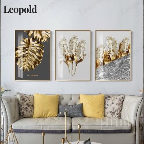 Modern Canvas Painting Abstract Gold Leaf Simple Plant Poster Wall Picture for Living Room and Bedroom