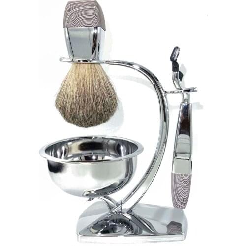 High Quality Classic 4-Piece Men Shaving Kit Gift Set with Honey Natual Badger Brush Hair and Wood Finish Safety Razor Stand