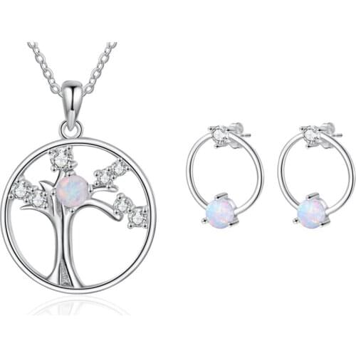 Jewelry Sets for Women Clear Zircon Tree of Life Pendants Necklaces Opal Stone Circle Earrings 925 Sterling Silver Jewelry