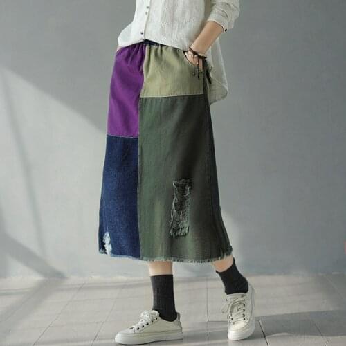 Autumn Spring Long Jeans Skirts for Women Casual Patchwork High Waist Streetwear Denim Skirts Faldas Mujer Moda Dropshipping