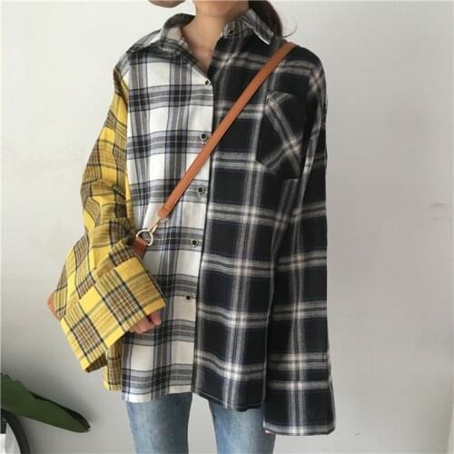 Fanco Plaid Shirt Women Blouse Korea Fashion Casual Spring Autumn Loose Streetwear Female Splice Tops Long Sleeve Patchwork