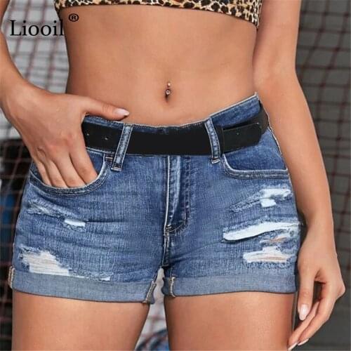 Liooil Light Blue Ripped Skinny Denim Shorts Women Summer 2021 Streetwear High Waist Wash Distressed Sexy Hole Rave Jean Shorts