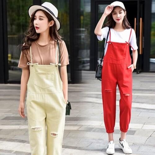 Fashion 5 Colors Denim Overalls For Women Spring Autumn Hole Ripped Jeans Jumpsuit Streetwear Strap Rompers Pencil Pants Female