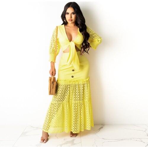 2021 Best Quality Famous Brand 2 pcs Women Set Solid V-neck Short Tops Maxi Dress Summer Beach Outfits