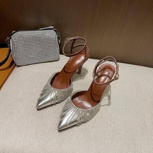 2021summer Closed Toe High Heel Stiletto Rhinestone Tassel Chain Strap Sandals