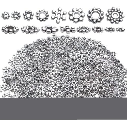 400pcs Tibetan Silver Snowflake Spacer Beads Assorted Daisy Spacer Beads Metal for DIY, 1mm,2mm,3mm,4mm, 5mm, 6mm, 7mm, 8mm