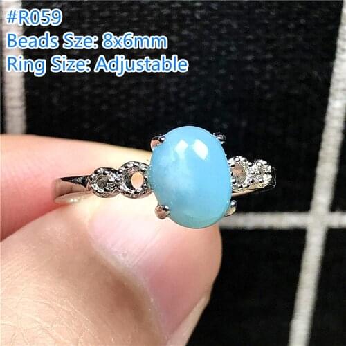 8x6mm Natural Blue Larimar Ring Jewelry For Woman Lady Man Silver Oval Beads Dominica Water Pattern Stone Adjustable Ring AAAAA