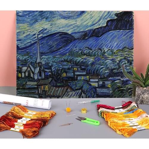 Landscape Van Gogh Printed Water-Soluble Canvas 11CT Cross-Stitch Embroidery Full Kit DMC Threads Handiwork Package