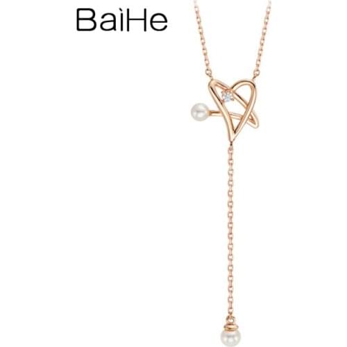 BAIHE Solid 18K White/Yellow/Rose Gold 3-3.5mm Freshwater pearl 0.03ct Diamonds Trendy Fine Jewelry Star Necklaces Women Wedding