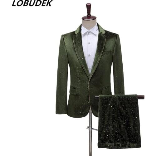 British Style Velvet Bronzing Mens Suit Fashion Groom Wedding Banquet Formal Suits Black/Royal Blue/Army Green 2-Piece Tuxedo