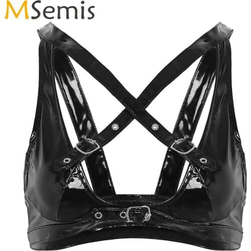 Sexy Womens Push Up Latex Bustier Front Cross Strappy Bra Top Lingerie Exotic Wet Look Leather Wire-free Unlined Bralette Vest