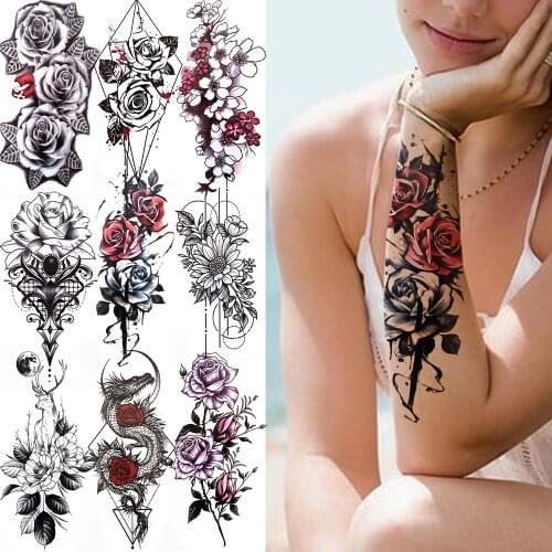 Black Flower Dragon Temporary Tattoo 3D Peony Daisy Rose Fake Tattoo For Women Girl Geometric Body Art Arm Tatoo Sticker Arm Leg
