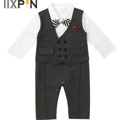 Newborn Baby Boys Cotton Rompers Long Sleeve Striped Gentlemen Bow Tie Vest Jumpsuit Autumn Toddlers Party Clothes One Piece