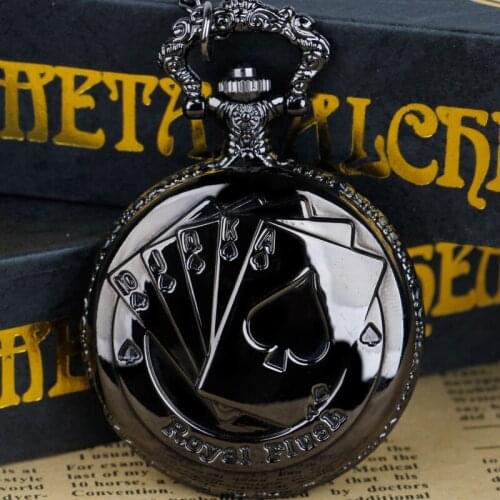 Engraved Poker Cards Lucky Quartz Pocket Watches Necklace Chain Pendant Women Men Gifts