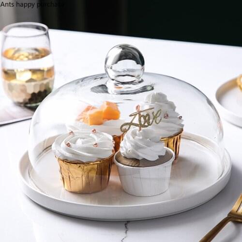Ceramic Cake Pan Transparent Glass Cover Cake Stand Dessert Plate Snacks Fruit Tray Dust Cover Display Stand Decorative Plate