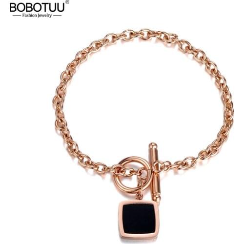 BOBOTUU Classic Square Black Shell Chain & Link Bracelets Bangles Jewelry Titanium Steel Charms Bracelets For Women BB18004