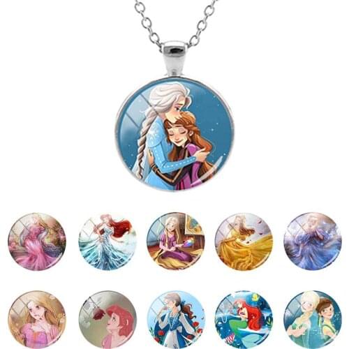 Disney Princess Animation Pattern Classic 25mm Glass Dome Pendant Necklace for Daughter Birthday Present Cabochon Jewelry DSY677
