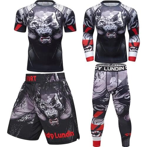 MMA Men Wolf Skull 3D Printing Sportsuit Rashguard Boxing Jerseys KickBoxing Muay Thai Fightwear Bjj GI MMA T-shirts Shorts Sets