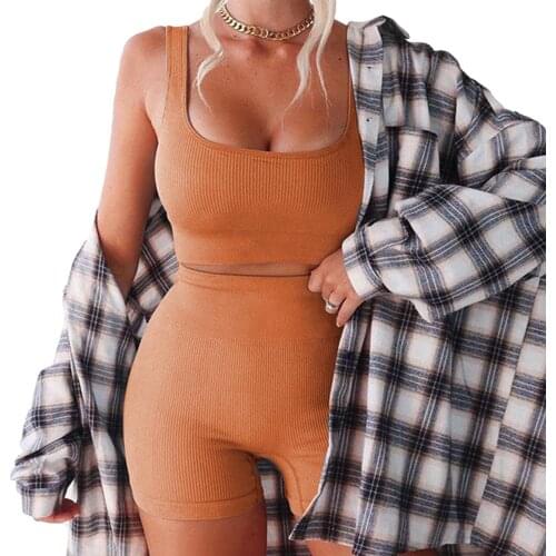 Solid Two Piece Sets Women Tracksuit Crop Tops+Elastic Bike Shorts Sporty Matching Suits Casual Female Outfit