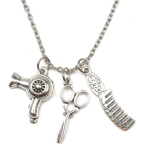 New Fashion Hairstyle Gift Necklace Retro Jewelry Mini Hairdress Scissors Hair Dryer Comb Pendant Necklace Handmade Choker Love