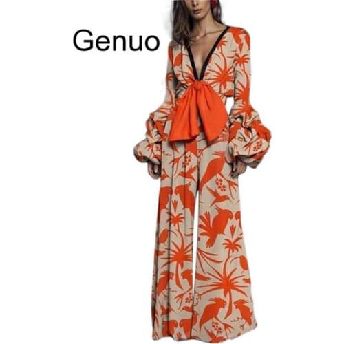 Fashion Women Lantern Sleeve Print Jumpsuits Sexy V-Neck Boho Wide Leg Jumpsuits Bohemian Lady Long Sleeve Summer Beach Overalls