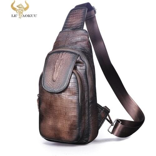 2021 Men Quality Leather Vintage Coffee Triangle Crossbody Chest Sling Bag Designer Travel One Shoulder Bag 8" Daypack Male 5016
