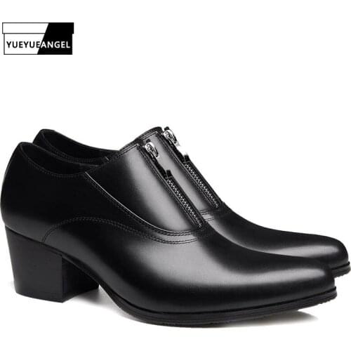 Men Pointed Toe Genuine Leather Shoes British Style High Heels Black Formal Shoes Male Business Casual Zipper Derby Oxford Shoes