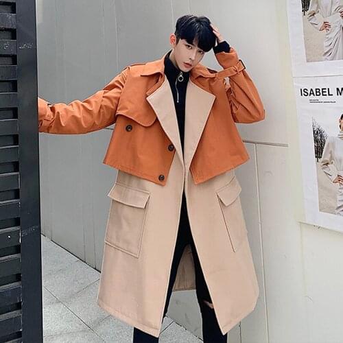 Winter Mens Retro Loose Mixed Color 2 Pcs Wool Blends Overcoat Long Trench Coat M22